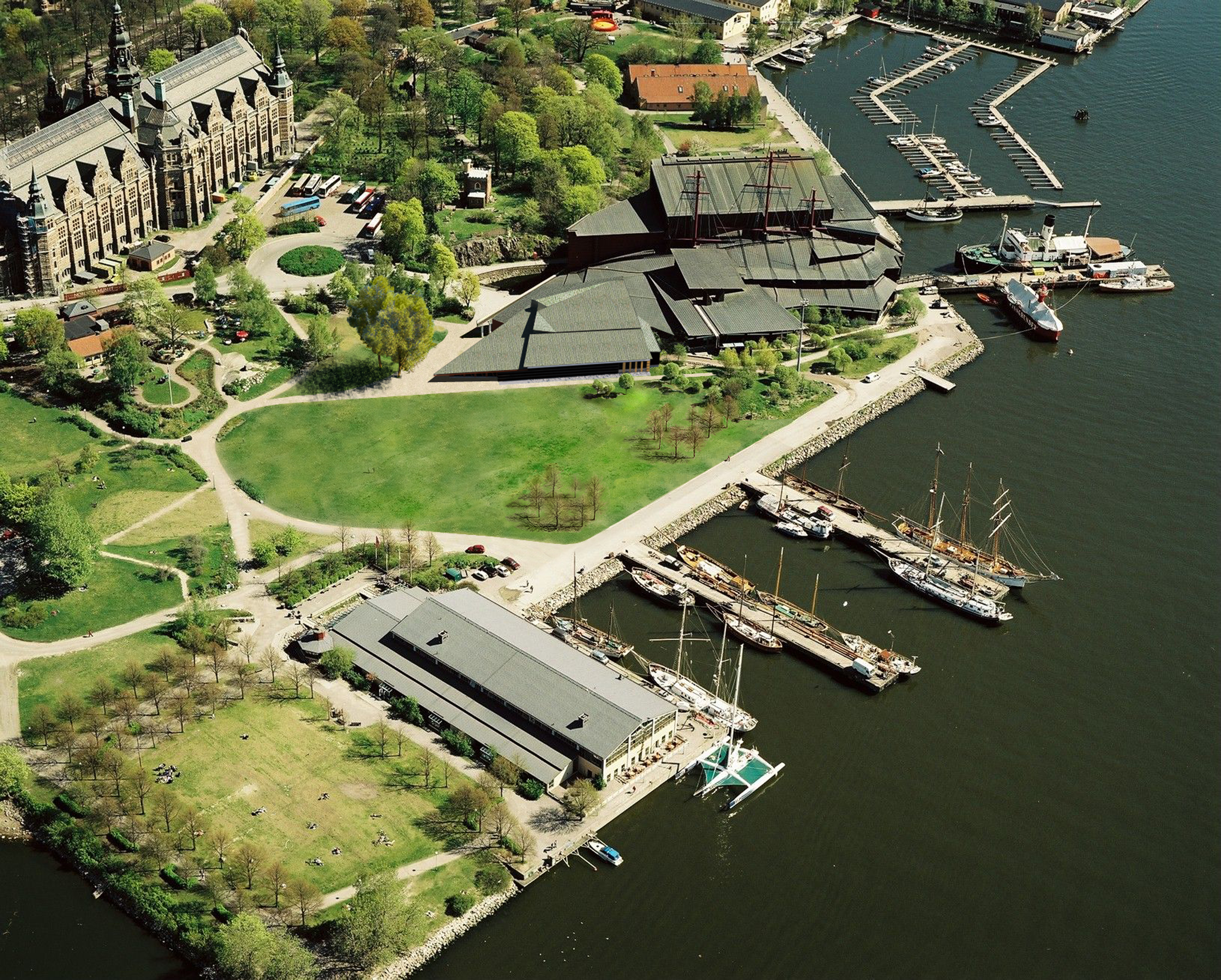 Vasamuseet flygbild, montage med inritad tillbyggnad