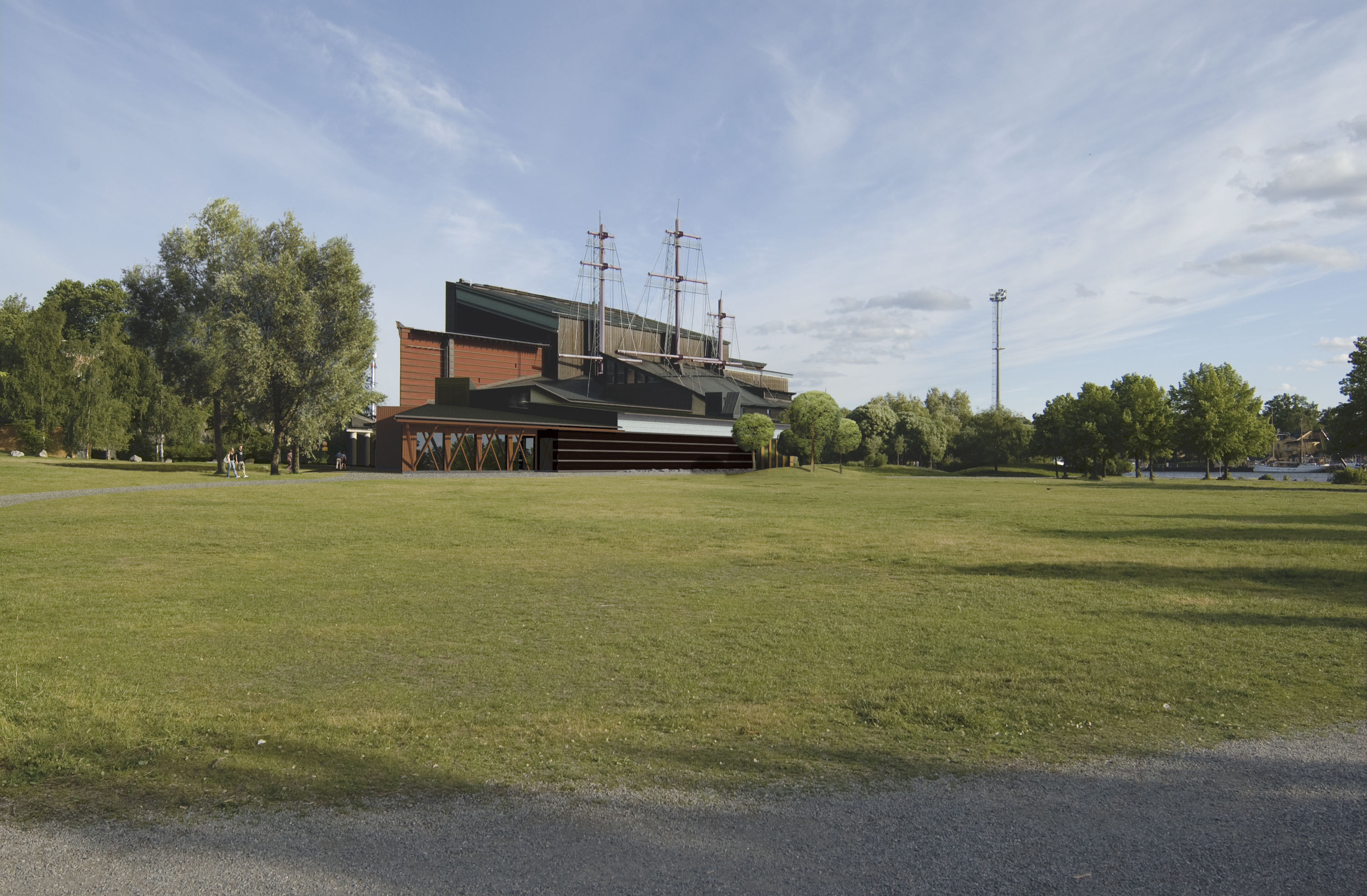 Vasamuseet närbild, montage med inritad tillbyggnad